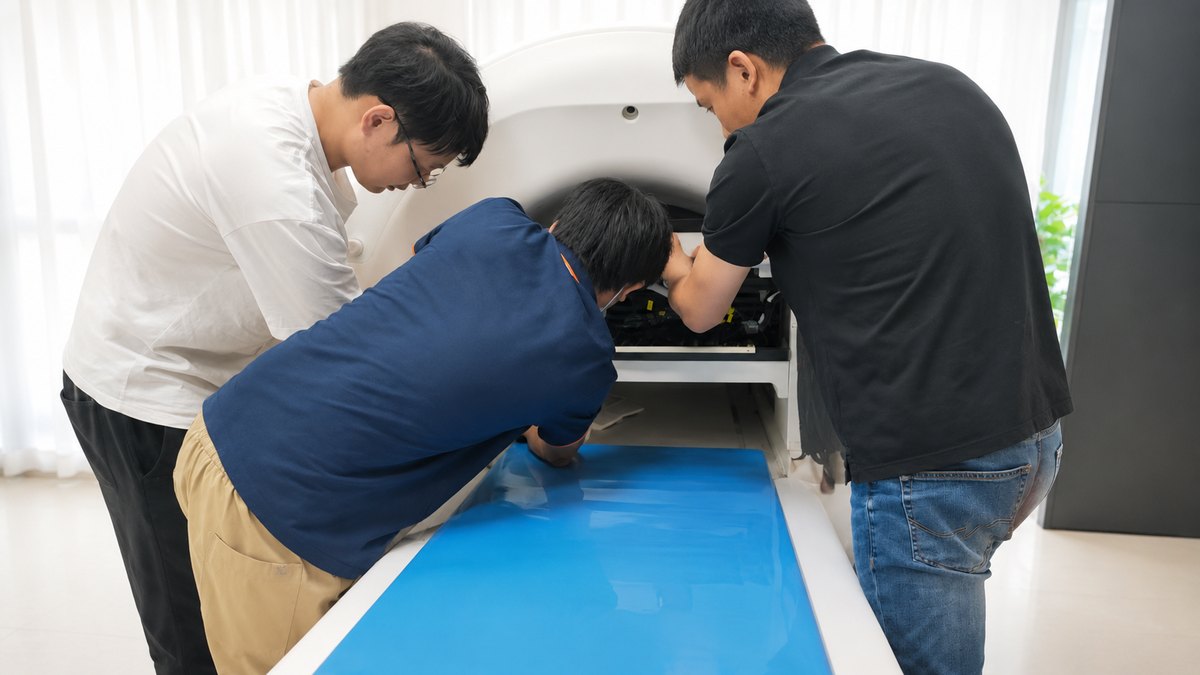 工程团队现场检修设备内部结构,开展巡检与调试